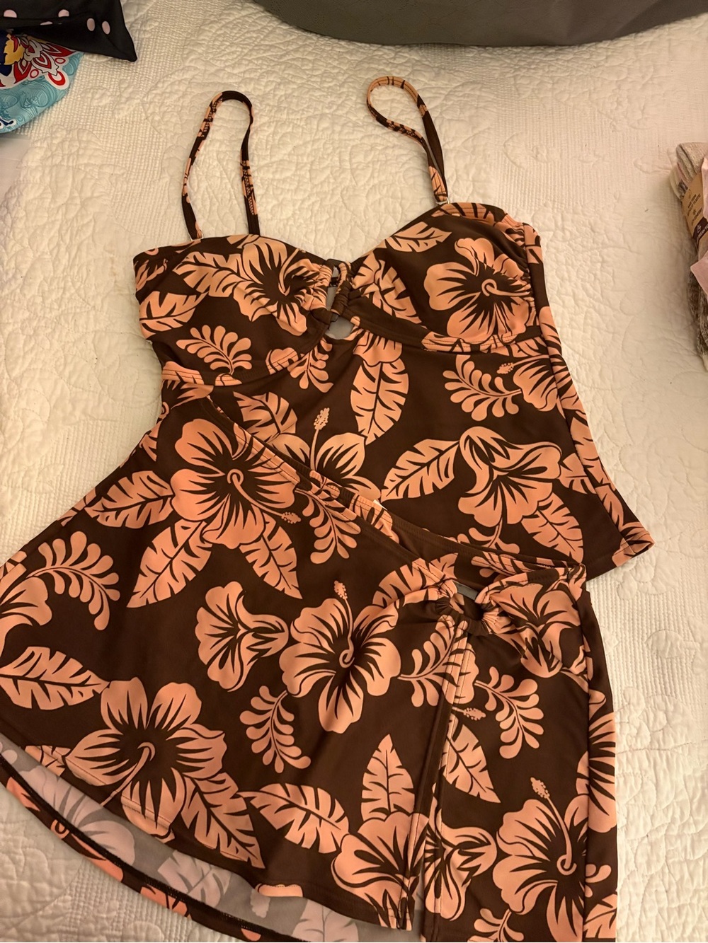 Ocean Dreams Brown and Peach Floral Two Piece Swimsuit Cute Top and Bottom Sz12